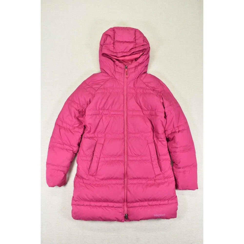 Marmot 700 Fill Down Parka Jacket Girls L Hot Pink Faux Fur Hooded Coat Puffer